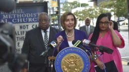 From left, Rev. John Foster of Big Bethel AME Church, Speaker Nancy Pelosi and Congresswoman Nikema Williams. Pelosi came to Atlanta to promote a Democratic measure aimed at restoring communities divided by unjust laws. Ross Williams/Georgia Recorder.