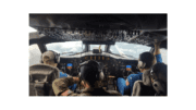 View from the cockpit of a plane flying into a hurricane