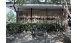 The brick front of the Lewis Ray Library, with dappled shade