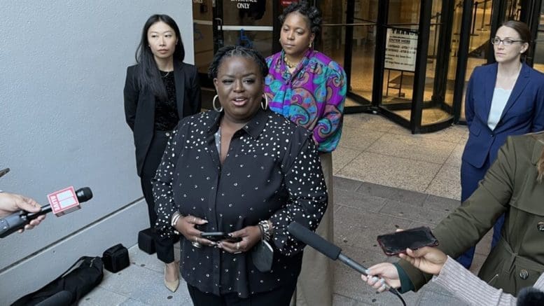 Monica Simpson is the executive director of SisterSong Women of Color Reproductive Justice Collective, which is the lead plaintiff in a lawsuit that argues Georgia’s abortion law violates the state’s constitutional right to privacy. “It’s been a long fight, but we are committed to this fight,” she said Monday evening outside the Fulton County courthouse. Jill Nolin/Georgia Recorder