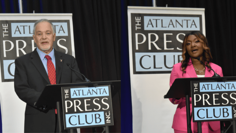 Left, State School Superintendent Richard Woods, right, Democratic candidate Alisha Thomas-Searcy. The two made their cases for why they should lead Georgia’s public schools in a debate Oct. 17. Ross Williams/Georgia Recorder