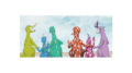 A group of strange mythical beasts, some with polka dots, stand and hold each others hands