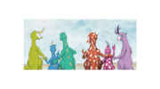 A group of strange mythical beasts, some with polka dots, stand and hold each others hands