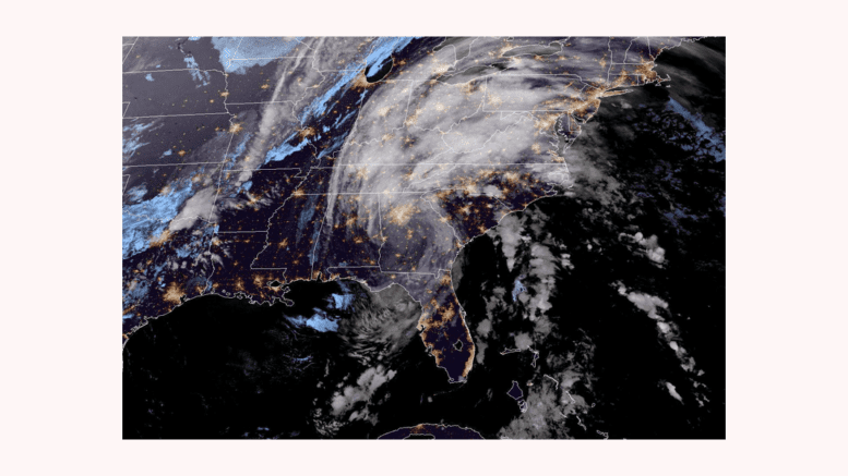 A satellite image of the eastern US showing patterns of wind around Georgia