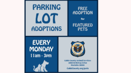 A sign stating "Parking Lot Adoptions. Free Adoption of Featured Pets. Every Monday 11 a.m. to 3 p.m.