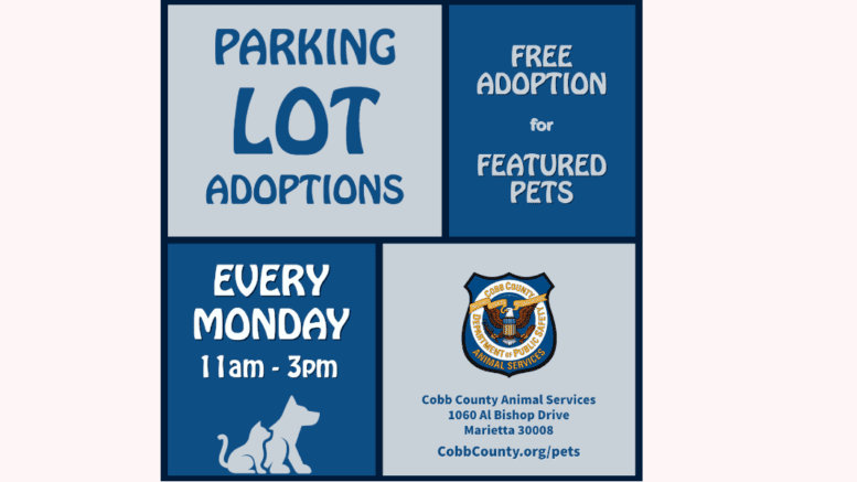 A sign stating "Parking Lot Adoptions. Free Adoption of Featured Pets. Every Monday 11 a.m. to 3 p.m.