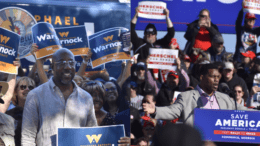 split screen with Sen. Raphael Warnock on the left panel, Herschel Walker on the right