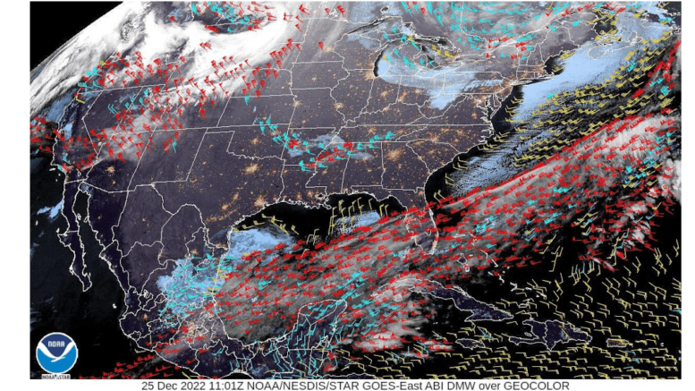 A map from the National Weather Service website showing derived wind motion over the eastern United States