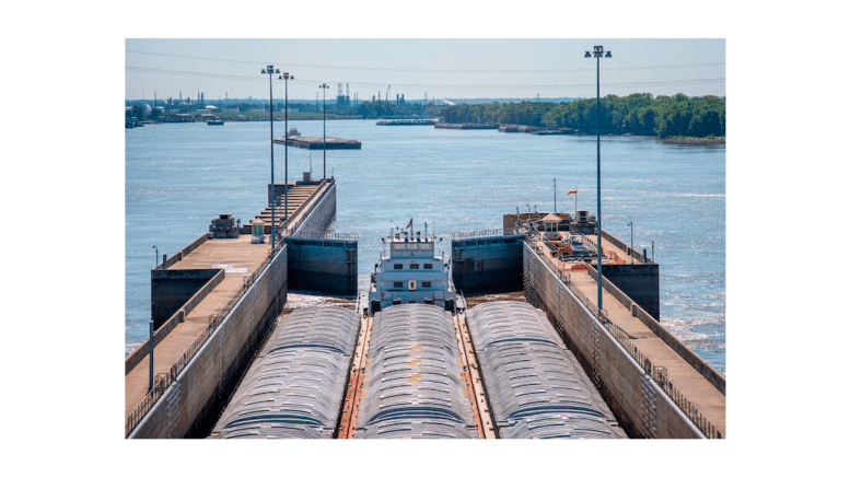 Looking up the Mississippi RIver from a lock facility