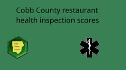 The words "Cobb County restaurant health inspection scores" with the Cobb County Courier logo and the public domain "star of life" medical symbol that is a snake wrapped around a staff in the middle of a black star image