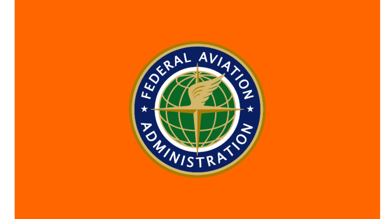 Flag of the Federal Aviation Administration, and orange flag with a logo encircling a globe with wings