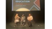 Democratic school board members Becky Sayler, Leroy Tre’ Hutchins, and Nichelle Davis onstage at a town hall at South Cobb High School.