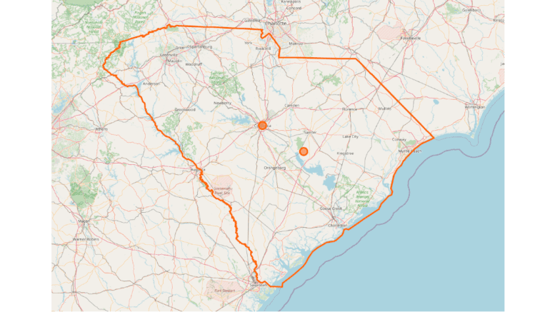 A map of South Carolina, a roughly triangular state bordering Georgia