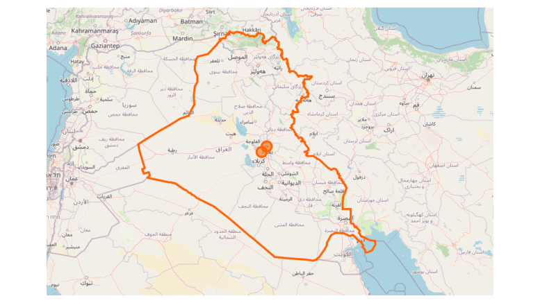 A map of Iraq with the cities labeled in Arabic