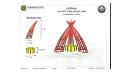 A drawing of metal rods bunched into a three-part structure forming a rough pyramid with a cylindrical striped bench at the center