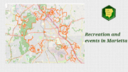 Map of Marietta with the Cobb County Courier logo and the words "Recreation and events in Marietta" to the right of the map