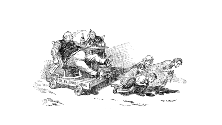 Old political cartoon of an industrialist being towed by a group of children who seem to be in pain.