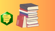 A graphic of a stack of books alongside a Cobb County Courier logo