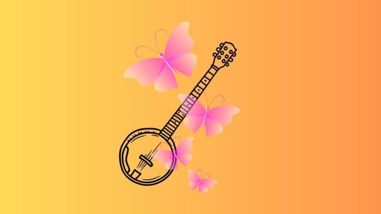 A drawing of a banjo with butterflies over it
