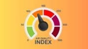 An analog dial gauge labeled "Air Quality Index" with the arrow pointed to Orange which is numbered 100 to 150