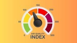 An analog dial gauge labeled "Air Quality Index" with the arrow pointed to Orange which is numbered 100 to 150