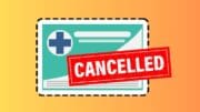 A color drawing of an insurance card with the word "Cancelled"