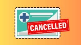 A color drawing of an insurance card with the word "Cancelled"