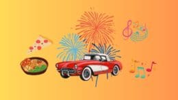A July 4th-themed graphic including pizza and a plate of food, an antique British car, fireworks and musical notes