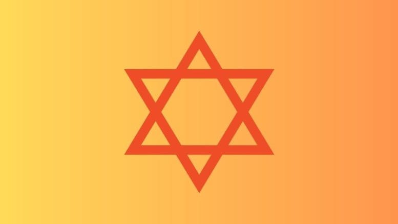 A red Star of David on a gold background