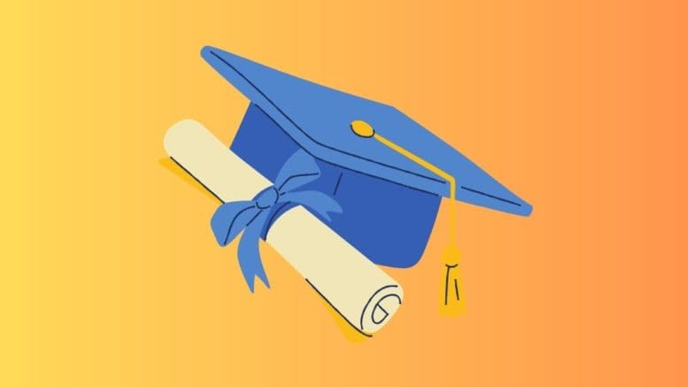 A mortarboard graduation cap and a rolled-up degree