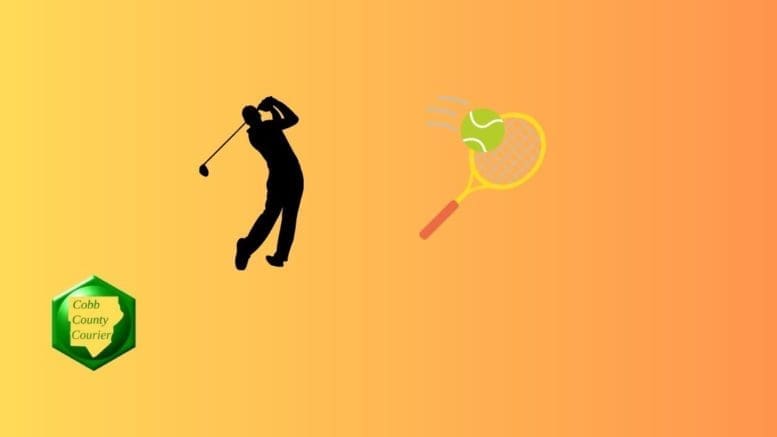 Graphic of golfer swing alongside a tennis ball and racket, with Cobb County Courier logo in corner