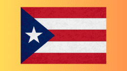 Puerto Rican Flag. Triangle with one star on the left, five horizontal bars, three red, two white