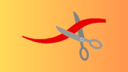 A drawing of a ribbon being cut by a pair of scissors