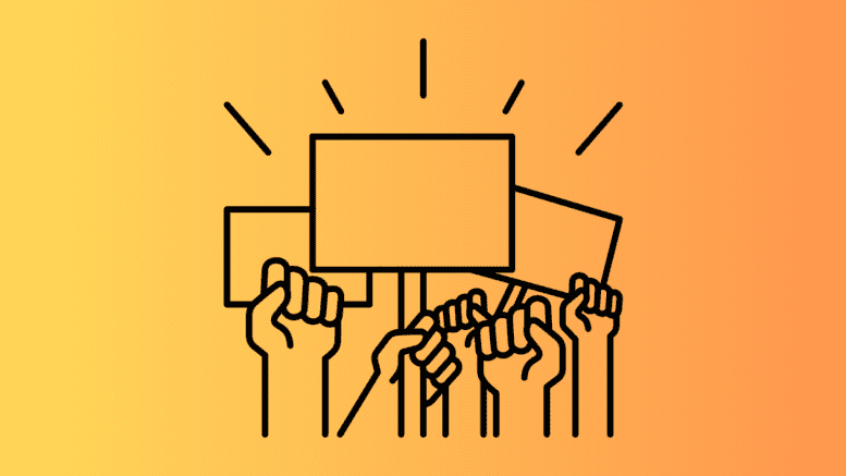 a contour drawing of raised fists and picket signs