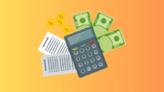 a graphic with a calculator, forms, and cash representing taxes