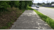 A paved trail abruptly ends in a grassy patch