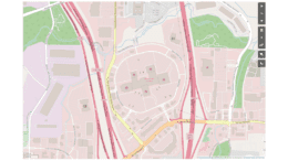 A map of the Town Center area, a roughly round-shaped mall flanked on the east and west by interstate highways