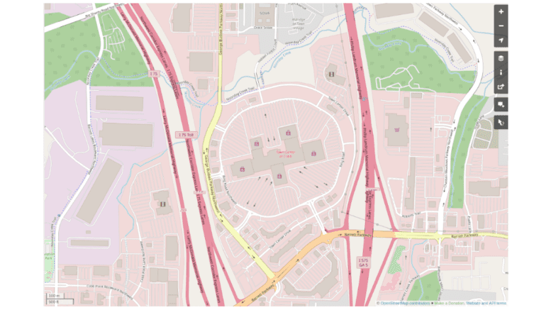 A map of the Town Center area, a roughly round-shaped mall flanked on the east and west by interstate highways