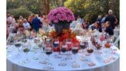 An elaborate spread of glasses of wine on a table with a white cloth