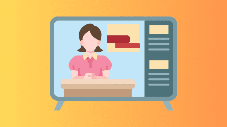 Drawing of a television with a woman behind a desk onscreen