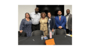 L-R Tracey Viars, Jon Bothers, Monica Wills Brown of the Cobb County Democracy Center, Madelyn Orochena, Anthony Gutierrez, and moderator Rod Green.