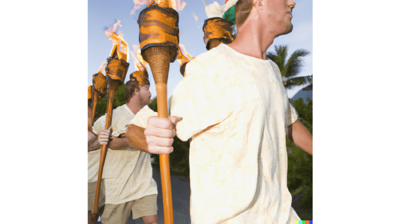 Line of young men with tiki torches