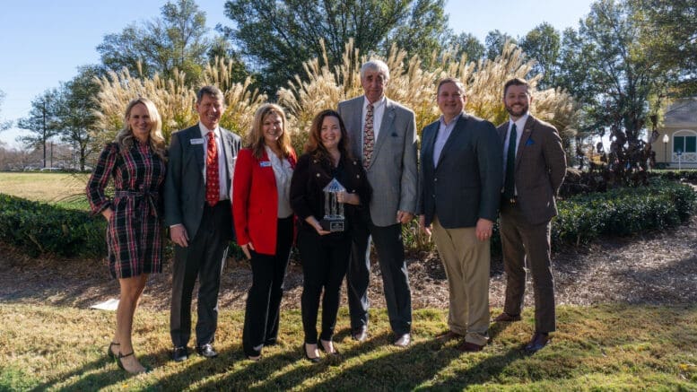 (l to r) Betsy Madrerohon, Capital City Bank, Ron King, Capital City Bank, Sharon Mason, Cobb Chamber, Bonnie Buckner Reavis, 2023 Marietta Citizen of the Year, Mayor Steve Tumlin, City of Marietta, Greg Teague, 2023 Cobb Chamber Chairman, and Andy Gaines, The Earl and Rachel Smith Strand Theatre