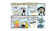 Clay Jones political cartoon with Taylor Swift lyrics including an economist saying "Shake it off," a man holding up a "presidential election" headline saying "Bad blood," a woman holding up a photo of Trump saying "I knew you were trouble" and a robot labeled AI saying "You belong with me ..."