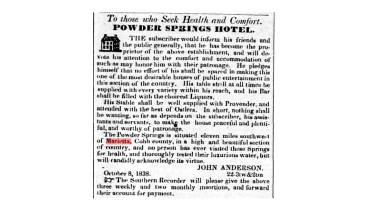 A screenshot of an 1838 ad for the Powder Springs Hotel