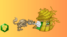 The big bad wolf blowing down one of the three little pigs straw houses