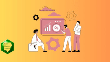 New business licenses article posted each week with an image of Three people gathered around a wall-board with various business and industry symbols including gears and charts