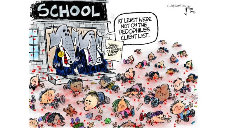 A schoolyard full of dead children while two elephants look on. One of them is holding a paper saying "Wayne LaPierre's client list" and one of the elephants stating "At least we're not on the pedophile's client list"