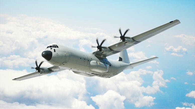 A Lockheed Martin C-130J turboprop airlifter in flight