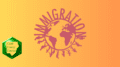 The word "immigration" wrapped around the upper part of a world globe while walking people are on the lower part